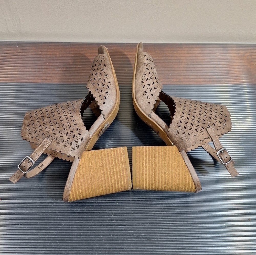 Maurices Taupe Boho Cut Out Scalloped Open Toe Slingback Stacked Heel Sandals - Picture 11 of 16